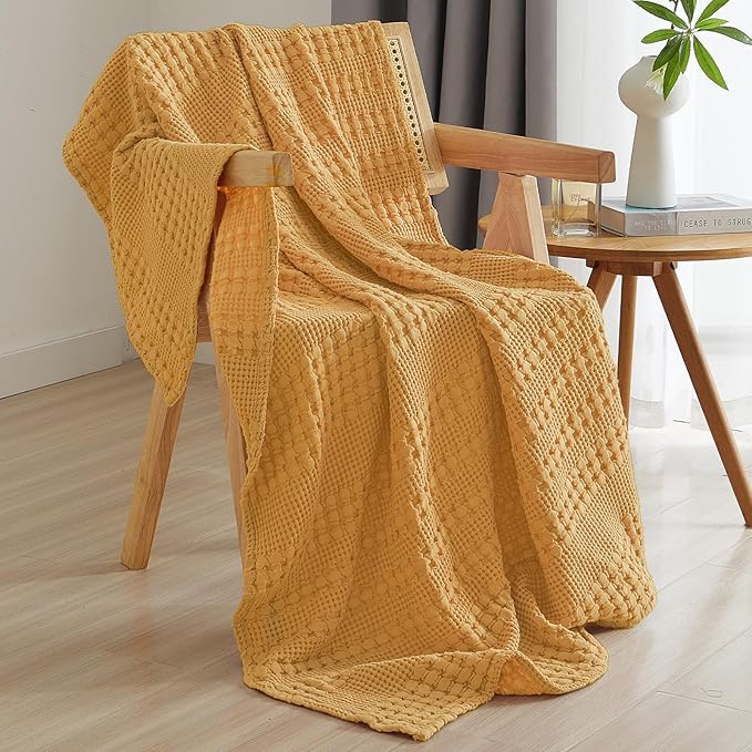 PHF 100% Cotton Waffle Weave Throw Blanket, Soft Lightweight Breathable Cozy Throws for Couch Bed Sofa, Luxury Aesthetic Woven Blanket for Home Decor & Office, 50"x60", Pumpkin Orange