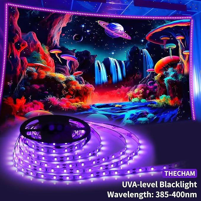 80ft Black Lights Strip with Remote, 1440 LEDs, 12V Flexible Blackights for Glow Party, Adjust Brightness, Delay Off, 3 Light Modes, Indoor Fluorescent Party, Stage Lighting