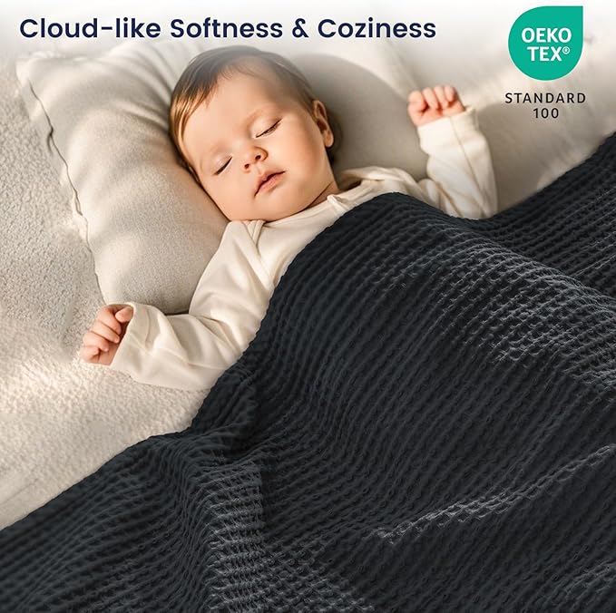 PHF 100% Cotton Waffle Weave Blanket California King Size 120"x 120" - Washed Soft Lightweight Breathable - 10'x10' Oversize Huge Extra Large for Couch Bed Sofa,Aesthetic Room Decor Gift - Black