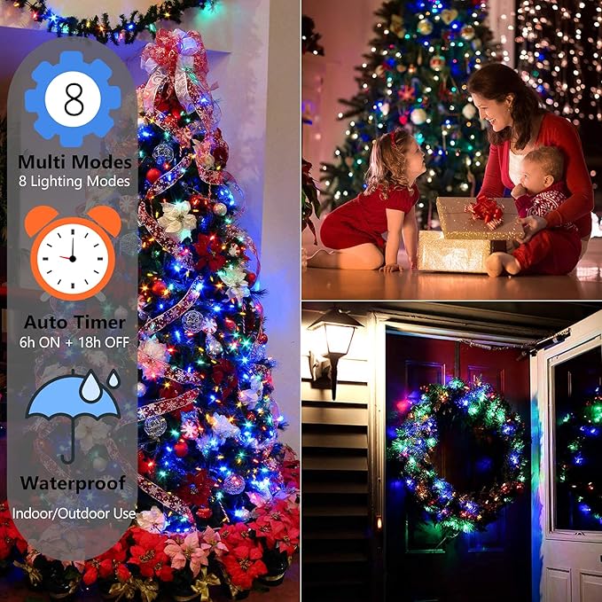 Christmas Lights - Battery Operated String Lights 50 LED Mini Lights 8 Modes Green Wire Mini Light Set with Timer for Christmas Tree Wreath Party Wedding Indoor Outdoor Decor, Waterproof, Multicolor
