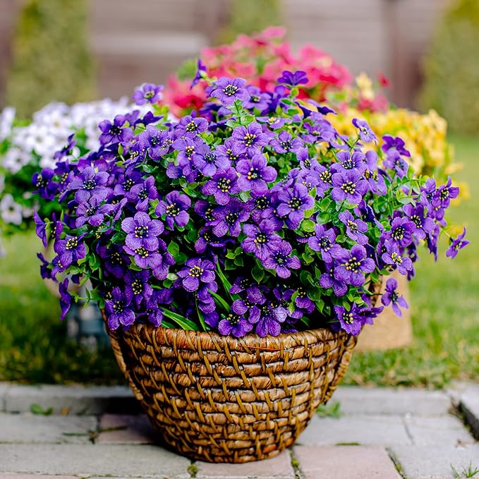 Artificial Flowers for Outdoors Fake Plants - 16 Bundles Fake Plants UV Resistant No Fade Faux Plastic Greenery Home Garden Porch Patio Decoration Office Indoor (Purple)