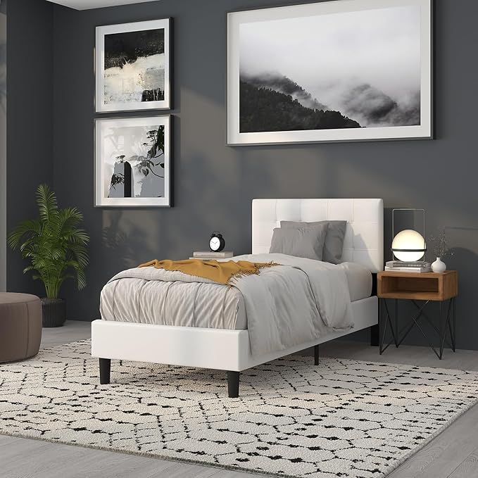 Flash Furniture Bedford Box Stitch Tufted Upholstered Twin Size Headboard in White Fabric