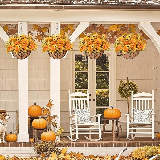 Waipfaru Artificial Fake Fall Hanging Mums Plants Flowers Basket for Outdoor, Faux Mums Floral Hanging Plant in Hang Planter Look Real UV Resistant for Porch Patio Balcony Yard Outdoor Decor (2Pcs)