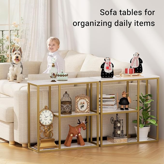 WOHOMO Console Table, Small Entryway Table with Storage Shelves 12'' Narrow Sofa Table Modern Hallway Table for Living Room 31.5" x12''x31.5'' White and Gold