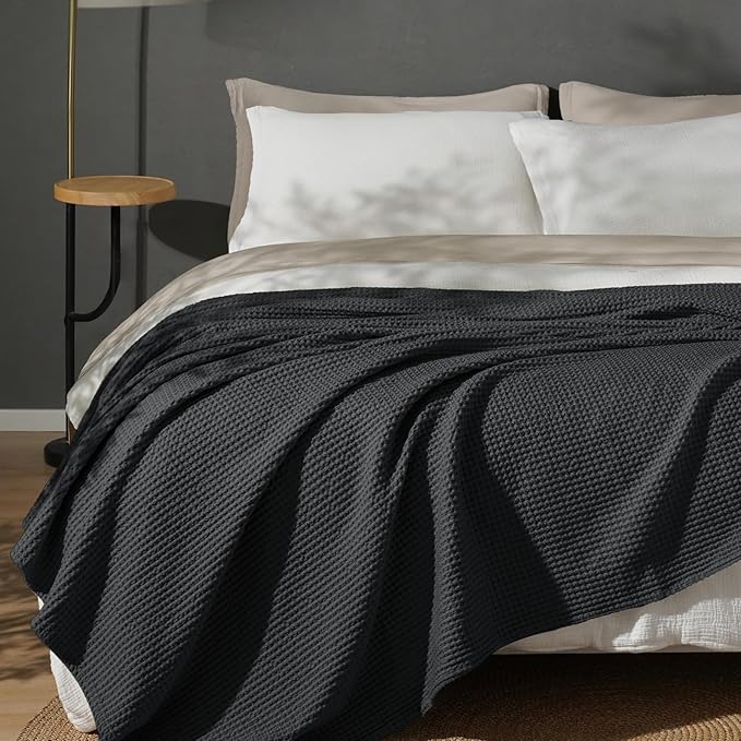 PHF 100% Cotton Waffle Weave Blanket Queen Size 90"x90" - Lightweight Washed Soft Breathable - Perfect Layer for Couch Bed Sofa - Elegant Home Decoration Gift - Black