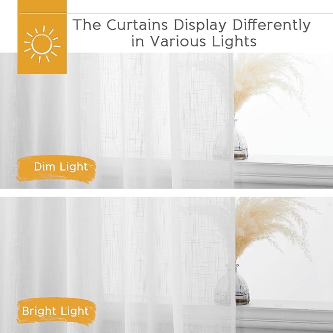 RYB HOME White Curtains for Bedroom Linen Textured Blend Semi Sheer Curtains Privacy Light Airy Sheers for Bathroom Living Room Cafe, White, 70 inch Wide x 63 inch Long, 2 Panels