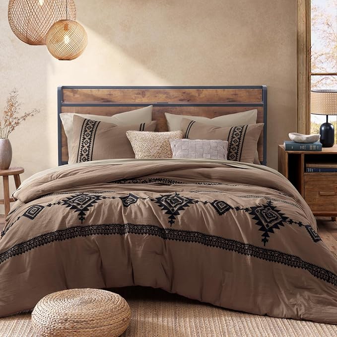 MaiRêve Embroidery King Size Comforter Set Brown, Boho Farmhouse Western Bedding Set 7 Pieces, All Season Bed in A Bag Comforter Set with Sheets, Pillowcases & Shams