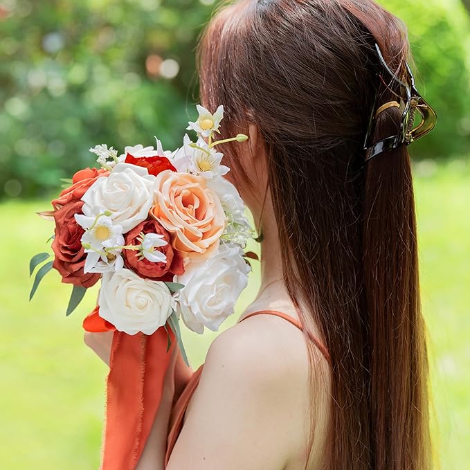 ponatia Burnt Orange Wedding Bouquets for Bride Bridesmaid, Cream Artificial Roses Flowers for Bride Bouquets Ceremony, Anniversary