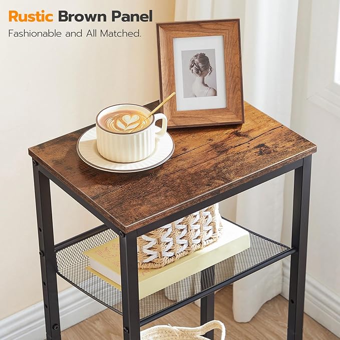 HOOBRO Side Table, 3-Tier Tall End Telephone Table with Adjustable Mesh Shelves, Small Entry Table for Living Room Bedroom Hallway or Office, Rustic Brown and Black BF01DH01G1