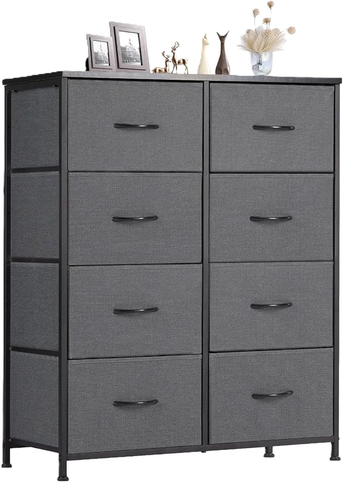 Sweetcrispy Dresser for Bedroom, Fabric Dresser with 8 Drawers, Tall Double Dresser, Chest of Drawers for Closet, Living Room, Sturdy Steel Frame, Wooden Top, Easy Pull Handle, Grey
