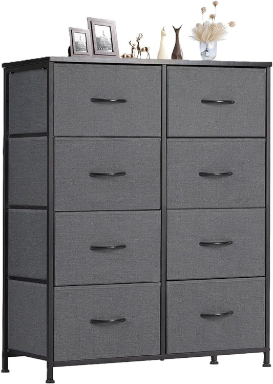Sweetcrispy Dresser for Bedroom, Fabric Dresser with 8 Drawers, Tall Double Dresser, Chest of Drawers for Closet, Living Room, Sturdy Steel Frame, Wooden Top, Easy Pull Handle, Grey