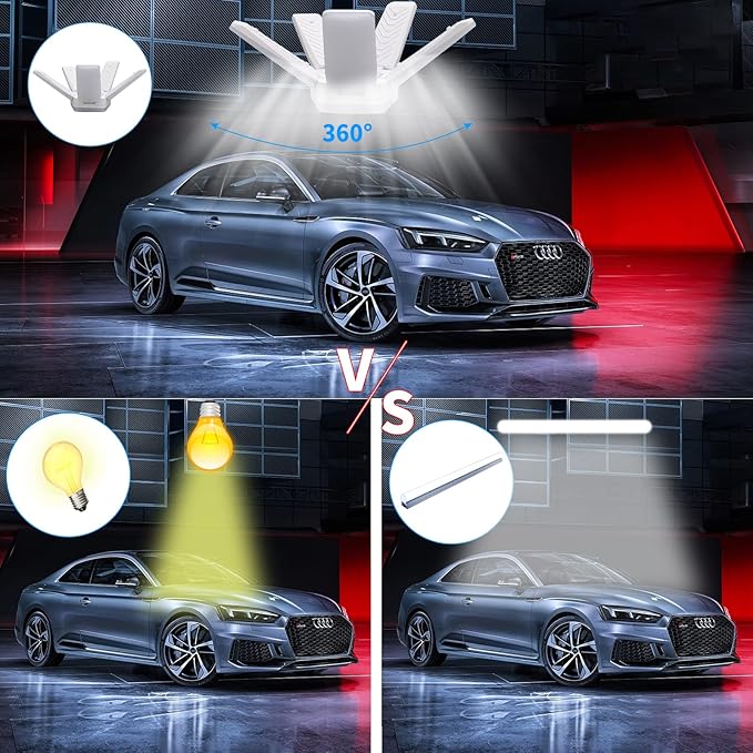 LED Garage Lights 2 Pack, The New 100W Deformable LED Shop Lights with 5 Adjustable Panels, E26/E27 LED Ceiling Light, 10000LM 6500K Hight Bay Light for Basement Warehouse Workshop