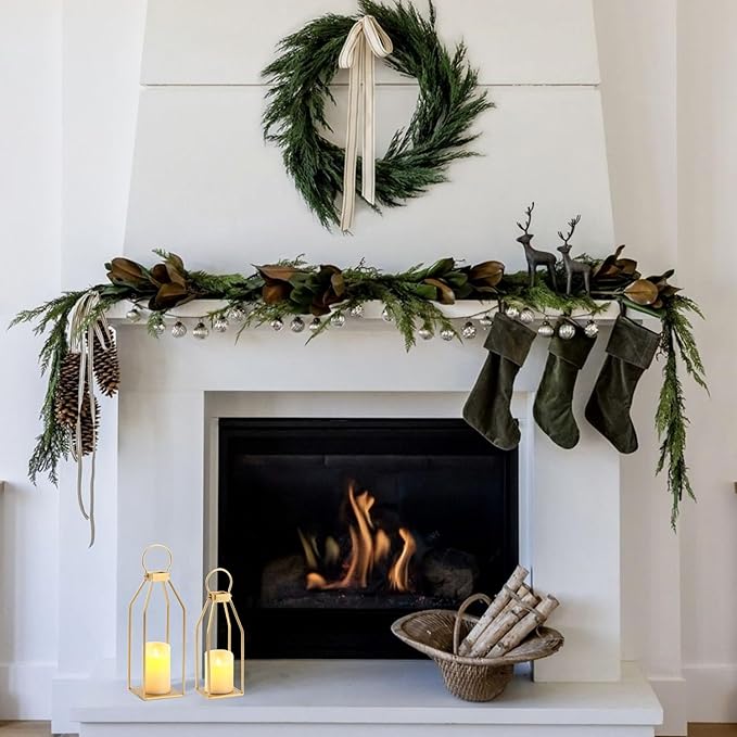 Perfnique Modern Farmhouse Lantern Decor, 15'' 12.6'' Set of 2 Gold Metal Lanterns, 2 LED 6hr Timer Flickering Flameless Candles, Lanterns Decorative for Outdoor, Porch, Fireplace, Patio