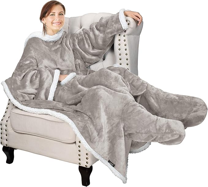 Catalonia Sherpa Wearable Blanket with Sleeves & Foot Pockets for Adult Women Men, Comfy Snuggle Wrap Sleeved Throw Blanket Robe, Gift Idea, Camel
