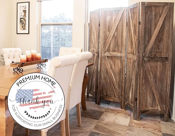 Premium Home 4-Panel Room Divider – Rustic Brown Barn Door, K Pattern Folding Privacy Screen, Partition Wall