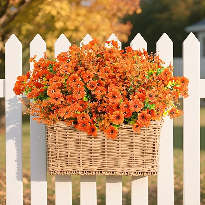 SHareconn 48 Bundles Artificial Fall Flowers for Outdoors Decoration, UV Resistant Silk Eucalyptus Lavender Faux Autumn Fake Plants for Outside Indoor Garden Yard Porch Home Decor, Orange