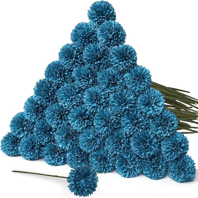 36 Pcs Artificial Chrysanthemums Flowers Silk Teal Ball Flower Fake Mums Flowers for Christmas Wedding Floral Table Centerpiece Home Decor