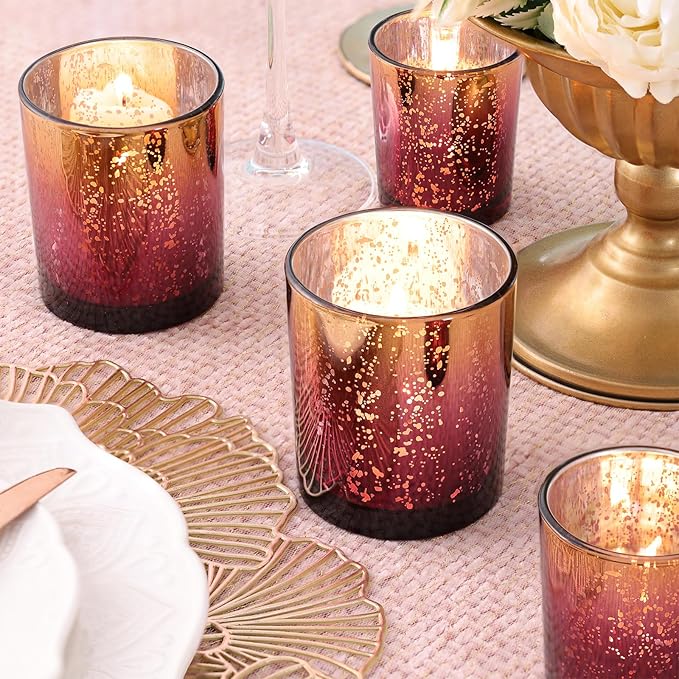 Volens 12pcs Assorted Burgundy Votive Candle Holders, Large Speckles Mercury Glass Votive & Tealight Candle Holder Bulk for Wedding Table Centerpiece, Burgundy and Gold Themed Party Decorations