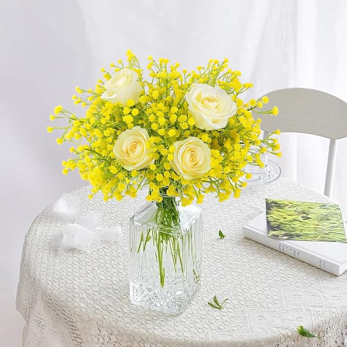 N&T NIETING Babys Breath Artificial Flowers Bulk, 10Pcs Fake Gypsophila Bouquet Flowers Real Touch Faux Babies Breath Arrangement for Wedding Floral Party Home Centerpieces Vase Decoration, Yellow