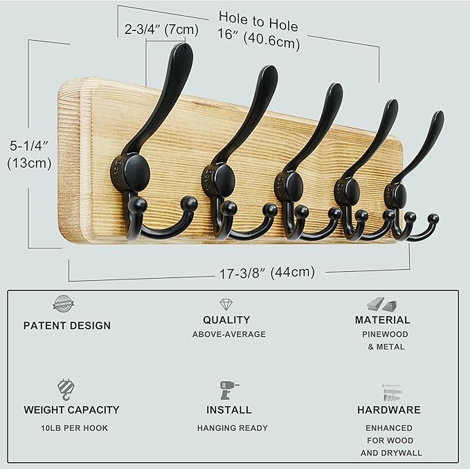 Dseap Coat Rack Wall Mount - Heavy-Duty Robust Rustic Wooden Wall Coat Hanger Hook Rail with 5 Triple Hooks for Winter Jacket & Hat Clothing, Light Brown & Black