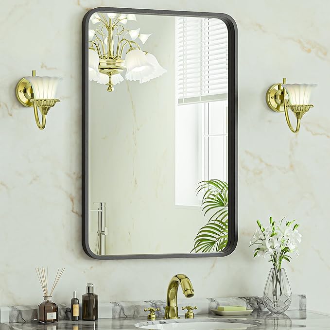 SUPER DEAL 22x30 Inch Black Wall Mirror for Bathroom, Wall Mounted Rectangular Entryways Decor Vanity Mirrors with Stainless Steel Metal Frame and Rounded Edge