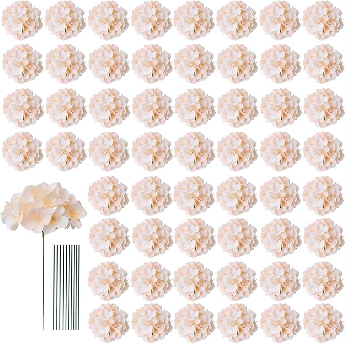 AVIVIHO 65pcs Champagne Fake Flowers Hydrangea Artificial Flowers Bulk Realistic Hydrangeas Silk Flowers with Stems for Arrangement Home Weddings,Centerpieces,Party Arch Backdrop Decorations
