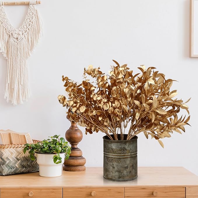 Lyrow 20 Pack Gold Artificial Plants for Christmas Decor Artificial Eucalyptus Leaves Spray Flowers Gold Eucalyptus Stems Branch for Xmas Home Hotel Vase Filler Wedding Party