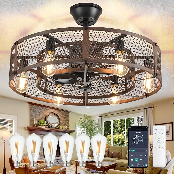 DLLT Caged Ceiling Fan with Lights: 26" Bladeless Fandelier with Light and Remote - Walnut Industrial Chandelier Fan Light for Bedroom Living Dining Room Kitchen