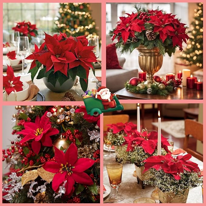 8 Pack Poinsettia Flowers Artificial Christmas Decorations, Red Poinsettia Flowers for Christmas Tree, Velvet Poinsettias Artificial Flowers for Xmas Decor DIY for Home Vase Indoor Outdoor Garden