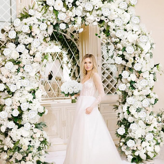 BLEUM CADE 100 Pcs White Roses Artificial Flowers, Real Touch Velvet Roses Fake Flowers Bulk, Artificial Roses Bouquet with Long Stems Bridal DIY Wedding Party Centerpiece Decorations