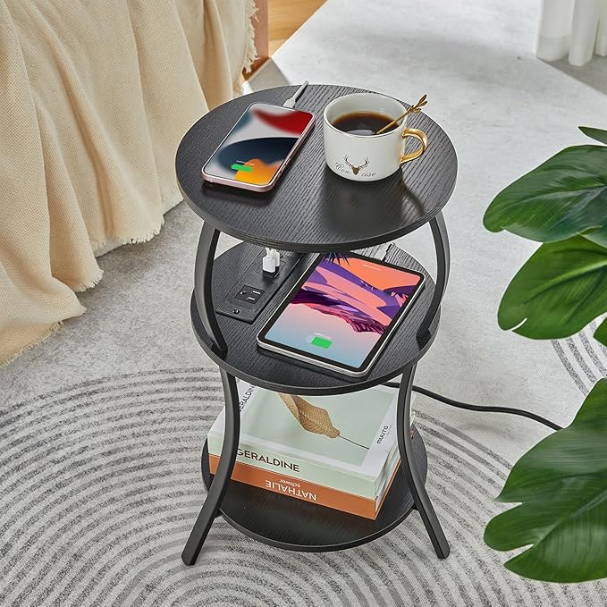 Small Round Side Table with Charging Station, 3-Tier Waist Circular End Table with Storage Shelf, Compact Tea Sofa Side Table Small Spaces, Round Corner Coffee Table for Living Room Bedroon,Black