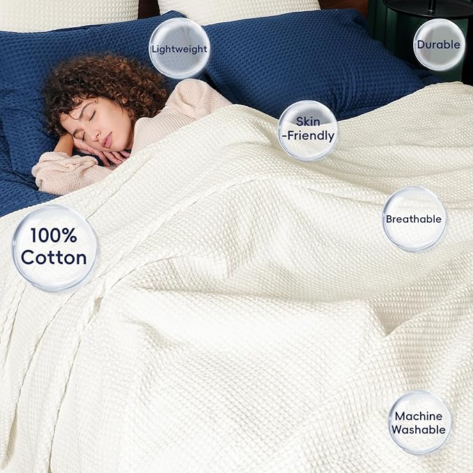 PHF 100% Cotton Waffle Weave Blanket King Size for Bed,Snag Proof Lightweight Breathable Moisture-Wicking Throw for Couch,Great for Layering in Cold Weather,Machine Washable,Home Decor Gift-Cream