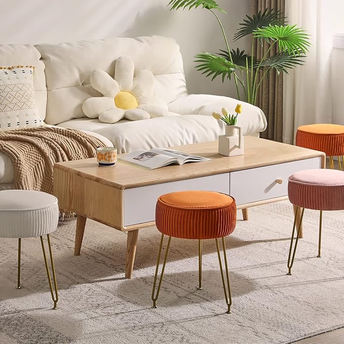 IBUYKE Velvet Round Footrest Stool Ottoman, Makeup Vanity Stool Side Table, Velvet Dressing Table Seat, Pouf Couch Stool, Golden Steel Legs, Orange LG-30J