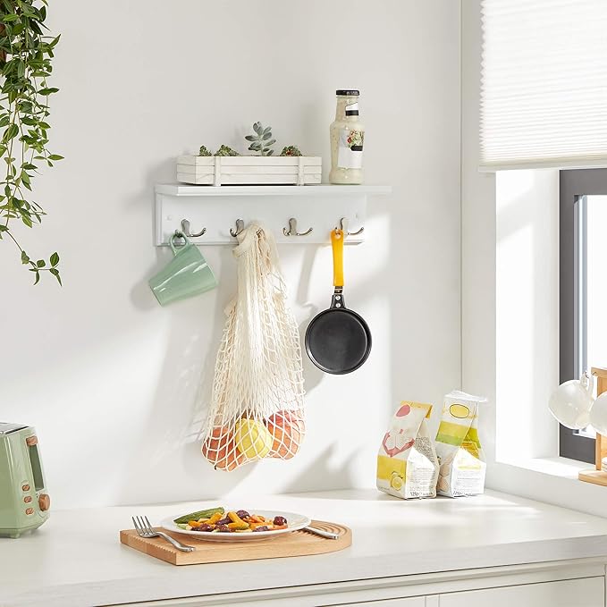 SONGMICS Entryway Hanging Coat Rack, Wall-Mounted Wooden Shelf, with 4 Double Hooks, Wall Floating Shelf, White ULHR42WT