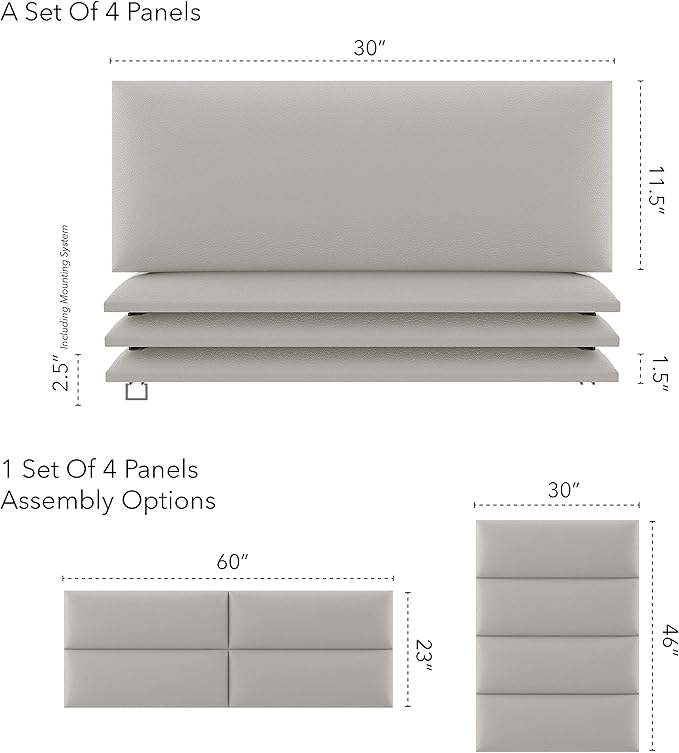 Vänt Upholstered Wall Panels - Queen/Full Size Wall Mounted Headboards - Zigrino Leather Oyster – Panel Size 30” Wide x 11.5” High - Pack of 4 Panels
