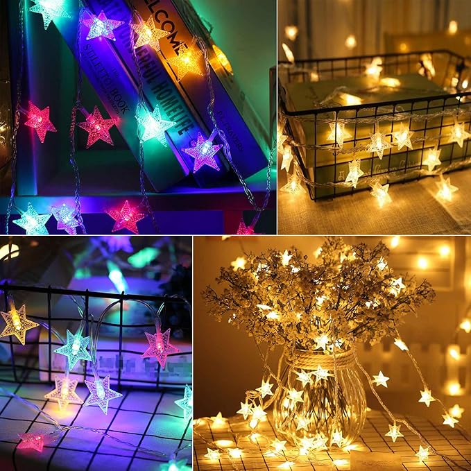 Minetom Star String Lights Plug in - 33 ft 100 LED Star Fairy String Lights with Remote and Timer, Waterproof for Bedroom Tent Loft Bed Shelf Porch Patio Garden Party Décor, Warm White + Multicolor