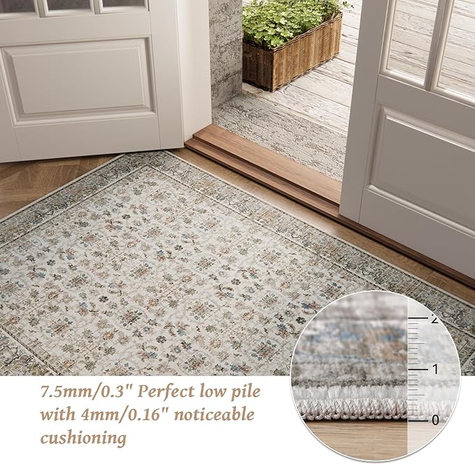 Washable 3x5 Entryway Rug Indoor, Boho Non-Slip Silicone Backing Small Rugs for Kitchen Nursery Office Bedroom, 0.3" Neutral Oriental Throw Carpet with 0.16" Cushioning Pad, Cream/Multi