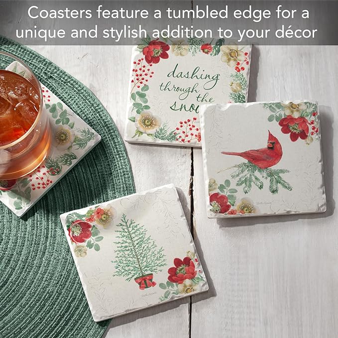 Thirstystone Holiday Traditions 4 Pack Assorted Tumbled Tile Stone Coasters with Protective Cork Backing 4" Square Manufactured in The USA