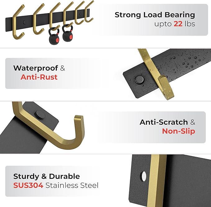 Coat Rack Wall Mount – Black and Gold Hook Rail with 6 Double Coat Hooks, 17 Inch Stainless Steel Wall Hooks for Entryway, Bathroom, Bedroom, Closet, Towel, Hat, Bag, Heavy Duty Organizer - 2 Pack