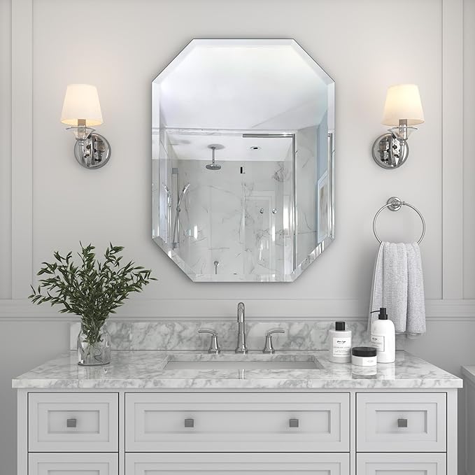 Silver Wall Mirror-Beveled Edge Frameless Mirror for Bathroom, Vanity, Bedroom, Rectangle Mirrors （24X32inch）