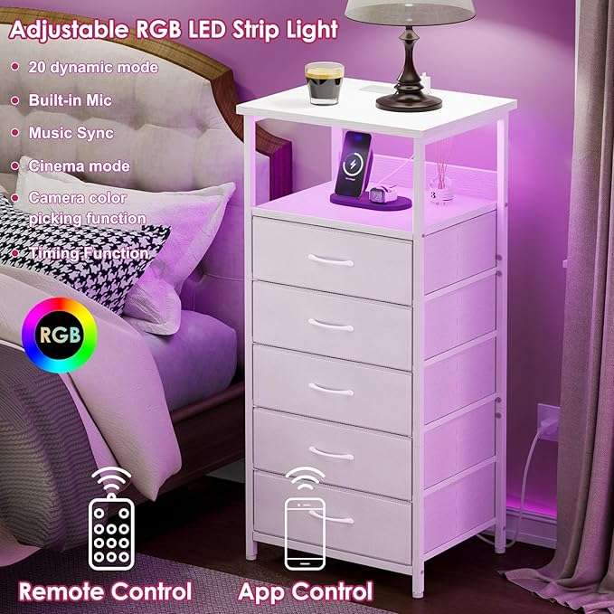 Fixwal Tall Nightstand with Charging Station and LED Lights, Night Stand with PU Finish Fabric Storage Drawers, 5 Drawer Dresser, White