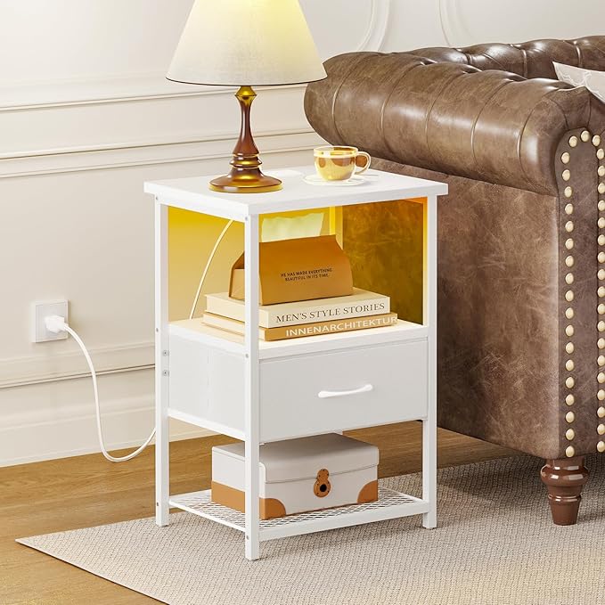 Fixwal Night Stand with Charging Station, LED Nightstand with Fabric Drawers, End Table with PU Finish, Bed Side Table, White