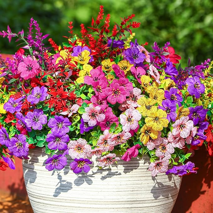SHareconn 24 Bundles Artificial Flowers for Outdoors Decoration, Faux Plants Fake Silk Colorful Daisy Eucalyptus Lavender, UV Resistant for Outside Home Porch Patio Indoor Spring Decor, Mix 5 Colors