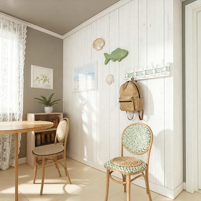 SKOLOO Coastal Wall Mounted Coat Rack - 17" Beach House Entryway Wooden Coat Hook with 5 Hooks for Hanging Coats, Hats or Towels, Oceanfront Cottage Core Collection, White & Green