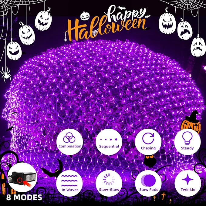 HeKation Halloween Net Lights Outdoor, Purple Halloween Net Mesh Lights 200 Led Bulbs Waterproof, for Indoor, Curtain, Tree, Bush, Party, Wedding, Fairy, Wall(9.8'x6.6', Plug in)