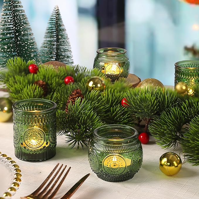 36 Pcs Green Glass Votive Candle Holders Bulk - Assorted Tea Light Holders for Christmas, Tea Party, Fall Wedding, Bridal Shower Table Centerpieces
