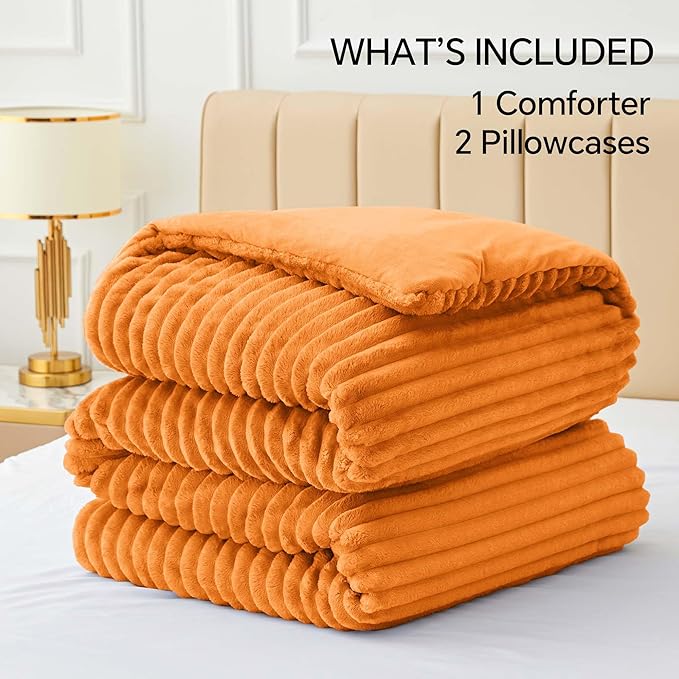 BEDELITE Fleece Queen Comforter Set -Super Soft & Warm Fluffy Burnt Orange Bedding, Luxury Fuzzy Heavy Bed Set for Winter with 2 Pillow Cases
