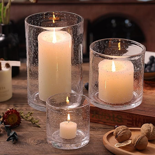 Hurricane Candle Holder Set of 3 Clear Candle Holders for Pillar Candles, Seeded Bubbles Glass Candle Holder for table centerpiece, Glass Cylinder Vases for Home, Patio and Wedding 8"4.7"3.5"H
