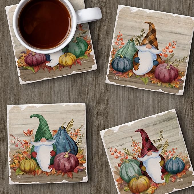 Thirstystone Autumn Gnomes 4 Pack Assorted Tumbled Tile Stone Coasters with Protective Cork Backing 4" Square Manufactured in The USA