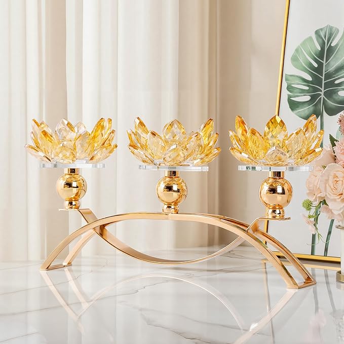 Crystal Candle Holders Lotus Candelabras Gold Arch Candlestick, Centerpiece Table, Home Hecor for Wedding, Dinning Room, Coffee Table, Kitchen, Living Room, Entryway (3 Arms, Tealight Candle)